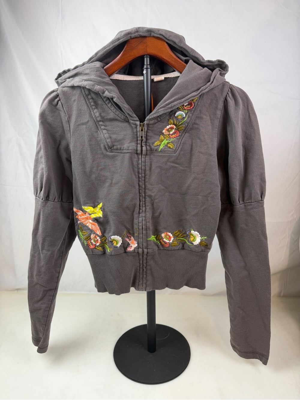 Anthropologie Saturday Sunday Embroidered Bird Floral Puff Sleeve Hoodie S
